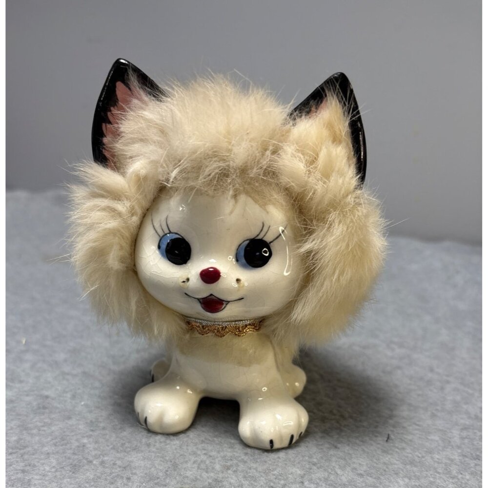 Vintage Furry Ceramic Cat Figurine by UCAGCO Porcelain Japan Kitschy 5.5" 1950s